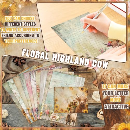 TaoBary 160 Pcs Floral Highland Cow Stationery Paper and Envelopes Set | 5.5 x 8.25'' Letter Writing Kit, 50 Double Sided Stationery Writing Papers 50 Matching Envelopes 60 Round Dot Sticker - size: 5.5 x 8.25 Inch, style: Floral Highland Cow