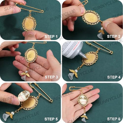 SUNNYCLUE 1 Box 10 Sets Gold Wedding Bouquet Photo Charms Memorial Picture Charm Personalized Glass Oval Picture Cabochons Brooch Pin Angel Wing Charms Kits for Wedding Bride Groom Party Gifts Flowers