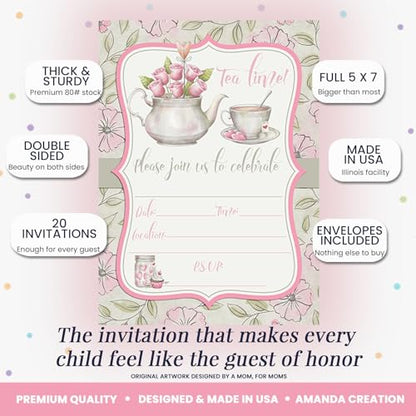 Watercolor Tea Party Theme Girls Birthday Party 20 Invitations 5x7 Fill-In Cards with Envelopes, Princess Theme Elegant Floral Design for Child Celebration, Made in USA by Amanda Creation - style: Watercolor Tea Party