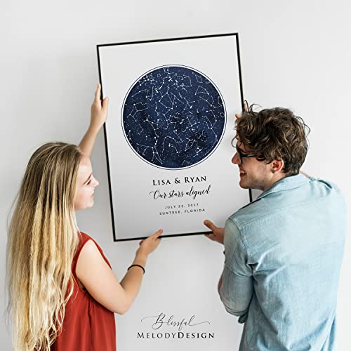 BlissfulMelodyDesign Custom Star Sky Map Print, Navy Watercolor Texture Zodiac Constellation, Wedding Anniversary Birthday Newborn Gift, Wall Art Prints (One Circle) - style: One Circle