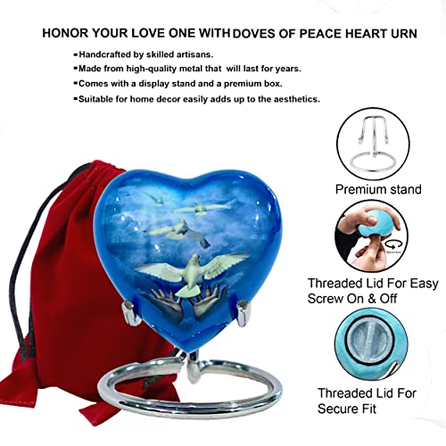 Heart Urn for Sacred Ashes Adult Male Female | Funeral Gift Pack of Dove Painted Small Heart Urn, Display Stand, Velvet Carry Bag, a Paper Funnel with Magnetic Closure Gift Box - color: Blue White-dove-heart
