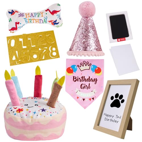 Dog Birthday Toy Set, Dog Squeaky Toys, Includes Squeaky Cake Toy, Plush Bones, Birthday Hats, Bandana, Paw Print Kit & Photo Frame. Pet Gift Supplies, Pink - color: Pink