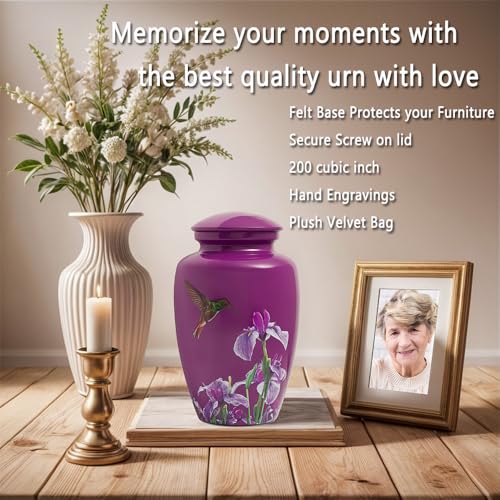 Purple Hummingbird Cremation Urn for Ashes Adult Female Male | Large Urn for Human Ashes Women and Men,Decorative Burial Urn for Mom/Mother/Grandma/Sister(up to 200 lbs) - size: Large,Hummingbird
