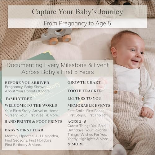 Baby Book Keepsake Boy or Girl Timeless Baby Memory Book First 5 Years for Baby Shower Gender Neutral Baby Scrapbook New Mom Gift Baby Journal from Birth to Age 5 Milestone Book Sage Green - color: Sage Green