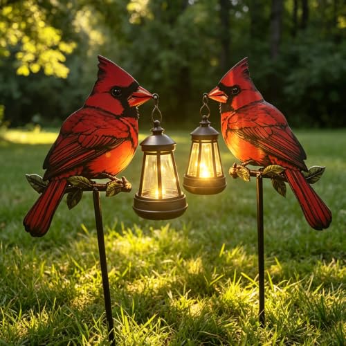 2 Pack Solar Lanterns Outdoor Decor Solar Bule Jay Lanterns Solar Cardinal Redbird Lights Metal Stake Yard Garden Decor Art Figurine Waterproof LED Lights Gifts for Mom Grandma Women (Red Bird) - style: Red bird