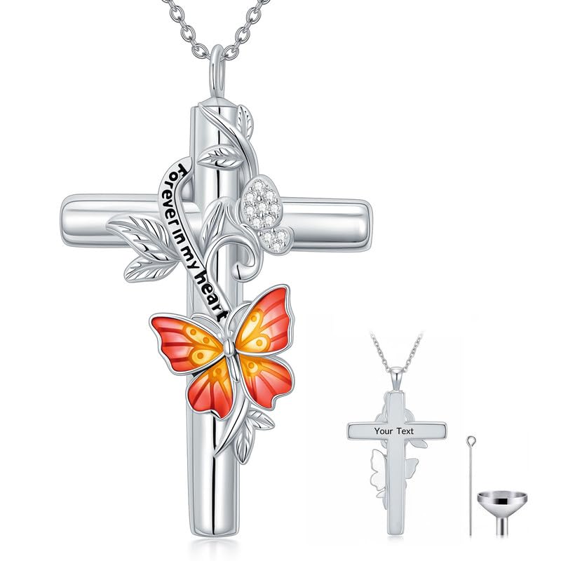 SOULMEET Enamel Butterfly Cross Urn Necklace for Ashes, Cross Moissanite Butterfly Ashes Necklaces with Forever in My Heart Engraved Keepsake Cremation Locket Jewelry for Women Men - color: C-Red, style: Custom Engraved