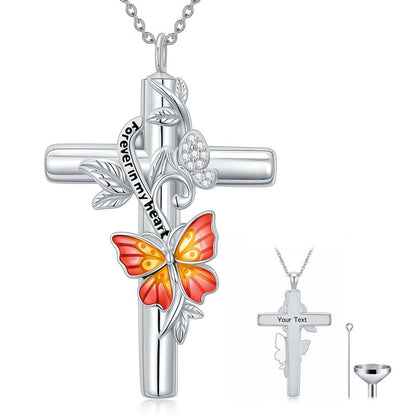 SOULMEET Enamel Butterfly Cross Urn Necklace for Ashes, Cross Moissanite Butterfly Ashes Necklaces with Forever in My Heart Engraved Keepsake Cremation Locket Jewelry for Women Men - color: C-Red, style: Custom Engraved