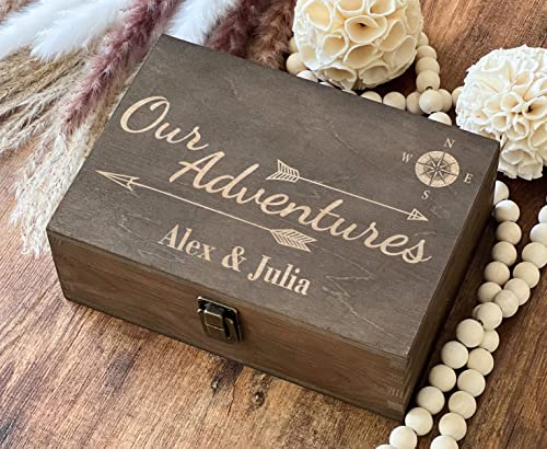 Our Adventures Box, 8.5 in x 8 in x 2.5 in, Wooden Keepsake & Memory Box, Unique Gift Idea, 5th, Custom Engraving - color: Custom Engraving