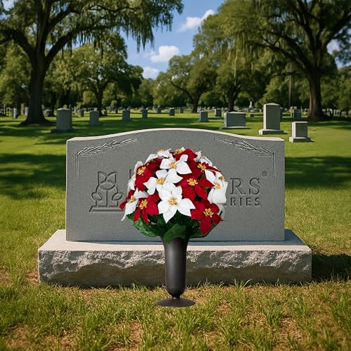 Sympathy Silks Artificial Cemetery Flowers - Gravesite Memorial Arrangment - Red & White Poinsettia - (1) Bouquet (1) Vase - color: Red & White, size: (1) Bouquet (1) Vase