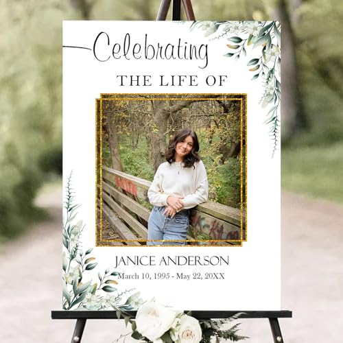 Personalized Funeral Welcome Sign – Celebration of Life Sign with Photo, Custom Memorial Sign with Floral Frame, Minimalist Memory Board for Funeral Décor (Design 11). - color: Design 11