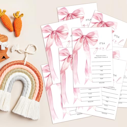 Pink Bow Baby Shower Invitations for Girls, Baby Announcement Invite Cards, 25 Set of Fill-in Baby Shower Invites with Envelopes, Gender Reveal Party Supplies -B03 - color: Pink Bow-02