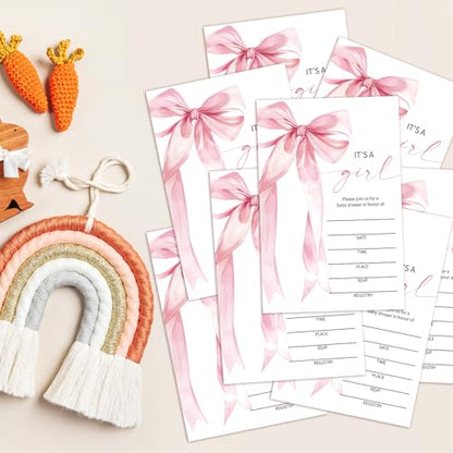Pink Bow Baby Shower Invitations for Girls, Baby Announcement Invite Cards, 25 Set of Fill-in Baby Shower Invites with Envelopes, Gender Reveal Party Supplies -B03 - color: Pink Bow-02