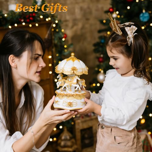 Carousel Music Box,Luxury Color Change LED Light ,Luminous Rotating 3-horse | Luminous Music Box, musical box with Gift Box for Girls Birthday Valentine Gift (You are My Sunshine, Gold) - color: Gold, style: You are My Sunshine