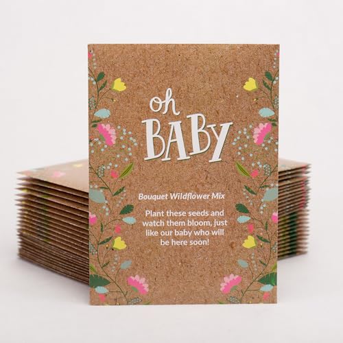 Oh Baby Flower Seeds Packets - Girl/Boy Baby Shower Favors - Pre-Filled, 25 Wildflower Seed Packs for Favor - Eco-Friendly Gift & Babys Guest Giveaways - Non-GMO Seeds - Brown - style: Oh Baby Natural