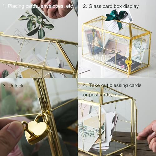 Glass Wedding Card Box with Slot, 12.5'' Large Clear Card Box Gold Brass Gift Card Storage Box with Lock Perfect for Wedding Receptions, Baby Shower, Birthday Party, Bridal Shower - color: B-Gold Card Box 12.6''