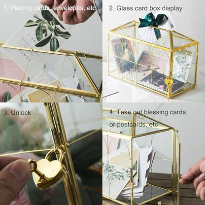 Glass Wedding Card Box with Slot, 12.5'' Large Clear Card Box Gold Brass Gift Card Storage Box with Lock Perfect for Wedding Receptions, Baby Shower, Birthday Party, Bridal Shower - color: B-Gold Card Box 12.6''
