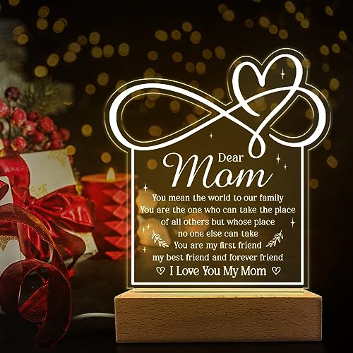 SANDJEST Acrylic Night Light Gift for Mom - Mother Night Light - You Mean The World to Our Family Night Lights Lamp Gift for Moms from Daughter Son on Birthday Christmas Valentines - color: Dear Mom