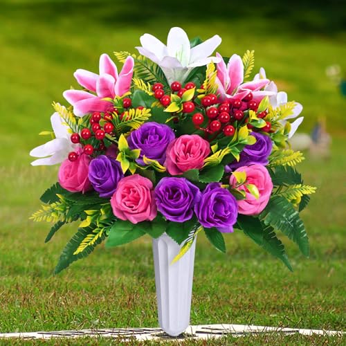 Dolicer 2 Sets Artificial Cemetery Flowers for Grave Realistic Grave Flower | Memorial Flowers UV Resistant Silk Rose Lily Flower with Vase for Cemetery Decorations (Colorful) - color: Purple, Pink, size: Flowers in Vase