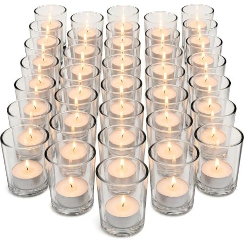 Letine 36-Pack Glass Votive Holders & White Tealights – Clean-Burning Smokeless Dripless Unscented Candles for Wedding Decor, Home Ambiance, Shabbat Dinner, Engagement & Everyday Use