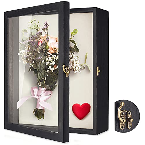TJ.MOREE Shadow Box 11x14 Memory Display Case Wooden Picture Frame Black | Fits 10x13 Inserts with Linen Back, Rustic Keepsake Box with Glass for Pet Memorabilia Gifts, Wedding Bouquet Military Medals - color: Black, size: 11x14