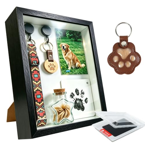 10x8 Pet Memorial Shadow Box with Paw Print Kit-Wooden Dog&Cat Memory Box for Loss of Pet Collar&Photo Display Pet Hair Fur Jar Wall Mount or Desktop Sympathy Gift Keepsake for Pet Lover Remembrance