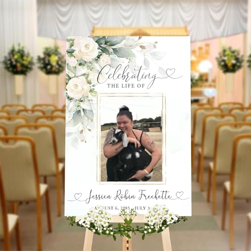 Personalized Flower White Funeral Sign - Celebration Of Life Sign - Greenery Funeral Welcome Sign - In Loving Memory Sign - Gold Cross Memorial Sign - Memorial Yard Sign - Photo Funeral Sign - color: Multi 4