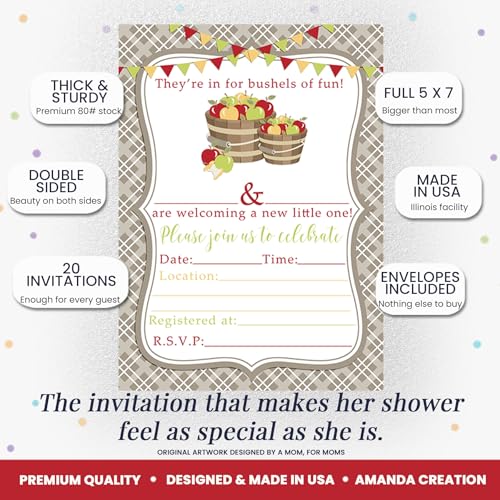 Bushels of Fun Apple Baby Shower Invitations, 20 5x7 Fill In Cards with Twenty White Envelopes by AmandaCreation™ - style: Bushels of Fun Apple