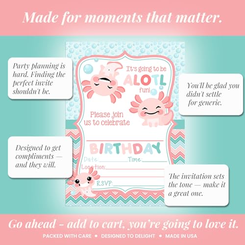 Amanda Creation Axolotl Birthday Invitations for Girls, 20 Pack 5x7 Fill-In Axolotl Party Invitations with White Envelopes, Cute Animal Party Cards, Made in USA - color: Axolotl Birthday Party