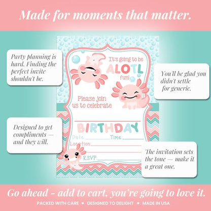 Amanda Creation Axolotl Birthday Invitations for Girls, 20 Pack 5x7 Fill-In Axolotl Party Invitations with White Envelopes, Cute Animal Party Cards, Made in USA - color: Axolotl Birthday Party