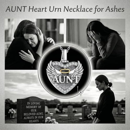 Family Members Urn Necklace for Ashes 925 Sterling Silver Angel Wings Heart Cremation Memorial Keepsake Pendant Jewelry for Loved One's Ashes, with 18" + 2" Stainless Steel Chain - style: Heart-Aunt
