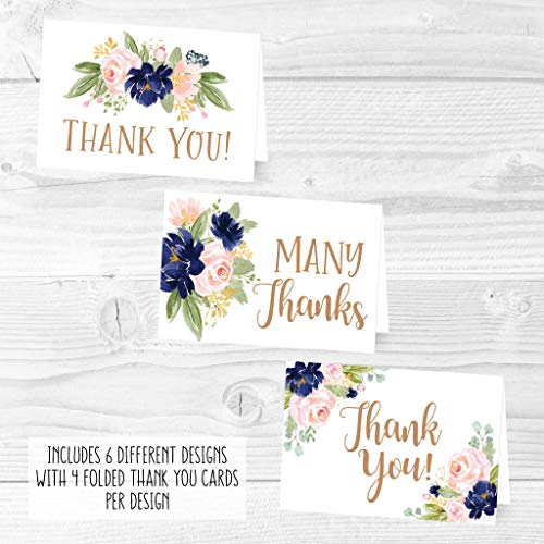 24 Bulk Thank You Cards with Envelopes Blank Cute Thank You Cards | Floral Navy 6 x 4 Appreciation Card for Weddings, Valentines, Anniversary, Small Business, Party Guests, Engagement & Funeral - color: Floral Navy 24 pcs