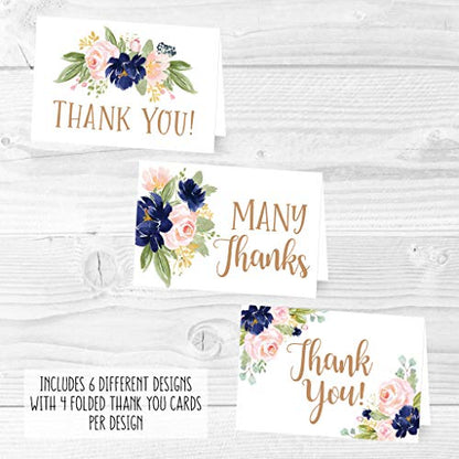 24 Bulk Thank You Cards with Envelopes Blank Cute Thank You Cards | Floral Navy 6 x 4 Appreciation Card for Weddings, Valentines, Anniversary, Small Business, Party Guests, Engagement & Funeral - color: Floral Navy 24 pcs