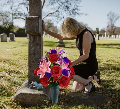 Artificial Cemetery Flowers with Vase, Artificial Rose Lily Carnation Bouquet, Graveyard Memorial Flowers for Cemetery Headstones Decoration