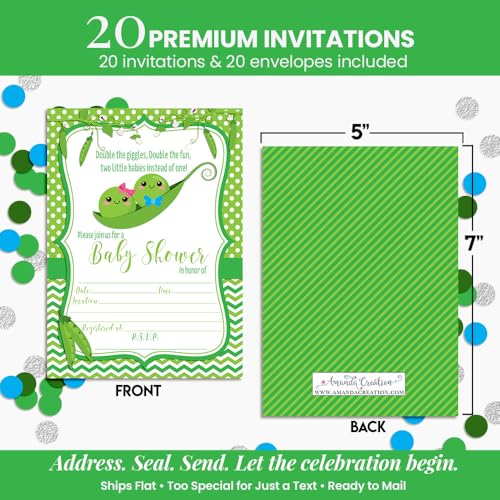 Two Peas in a Pod Theme Twin Baby Shower 20 Invitations 5"x7" Fill-In Cards with Envelopes, Boy and Girl Twin Shower Stationery Set, Design for Celebration, Made in USA by Amanda Creation - style: Two Peas in a Pod Twin Boy and Girl