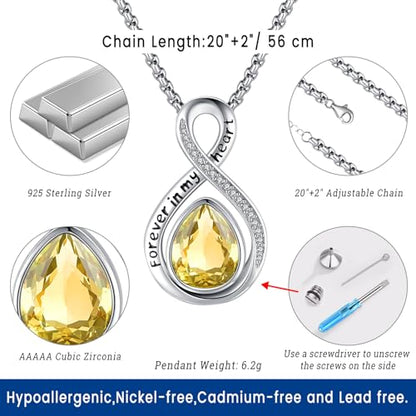 Eusense Cremation Jewelry for Ashes Urn Necklace to Put Ashes In 925 Sterling Silver Memorial Pendant Tree of Life Infinity Urn Necklaces for Ashes Necklace for Women Men - style: F-Infinity Urn-11-Nov.-Citrine