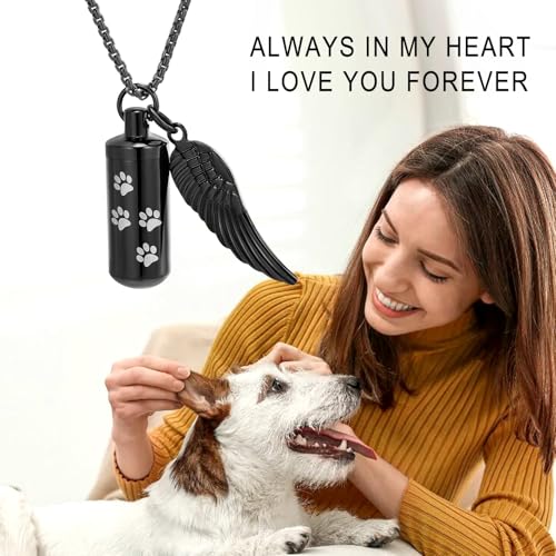 Cylinder Cremation Jewelry Urn Necklace Pet Ashes Pet Paw Memorial Ashes Necklace with Angel Wing for Dog/Cat Keepsake Jewelry for Men Women - color: Black（Small）