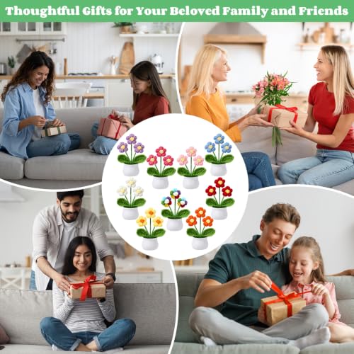 9 Pack Crochet Flower Bouquet Pot Bulk Thank You Gifts Handmade Knitted Puff Flower Mini Floral Plant for Women Coworker Summer Wedding Home Table Car Decor - style: Puff Flowers