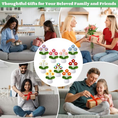 9 Pack Crochet Flower Bouquet Pot Bulk Thank You Gifts Handmade Knitted Puff Flower Mini Floral Plant for Women Coworker Summer Wedding Home Table Car Decor - style: Puff Flowers