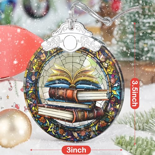 Book Lovers Gifts: Stained Glass Book Ornaments for Christmas Tree - color: Stacked Book