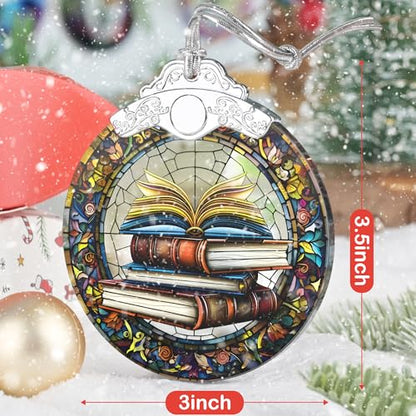 Book Lovers Gifts: Stained Glass Book Ornaments for Christmas Tree - color: Stacked Book