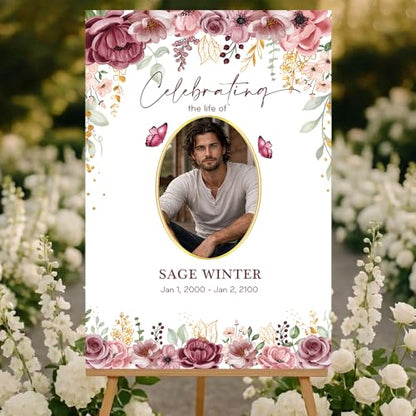 Personalized Celebration of Life Welcome Sign with Photo, Obituary Welcome Sign with Name and Date, Celebrating a Beautiful Life Butterfly Flower Tribute, Butterfly Flower Remembrance Decor, Custom Funeral Welcome Sign (Edition 3) - color: Edition 3