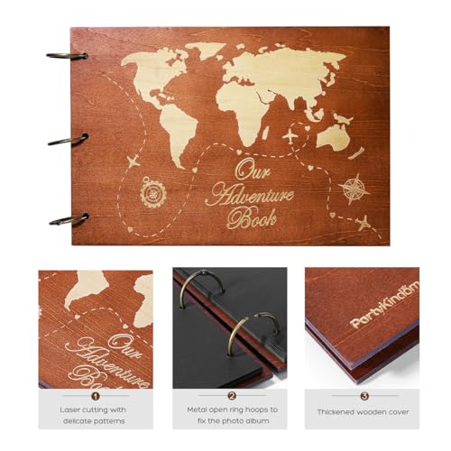 Partykindom Wooden Scrapbook Photo Album, 12x8 Inch Diy Memory Book with 40 Black Pages and 6 Corner Stickers, Ideal for Anniversaries, Weddings, Birthdays, and Special Moments