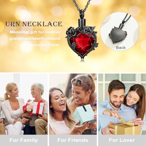Cremation Jewelry for Ashes Rose Flower Urn Necklace with Crystal Heart Ashes Pendant Butterfly Necklaces for Women Men Memorial Keepsake Jewelry Gift - color: Black-red