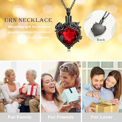 Cremation Jewelry for Ashes Rose Flower Urn Necklace with Crystal Heart Ashes Pendant Butterfly Necklaces for Women Men Memorial Keepsake Jewelry Gift - color: Black-red