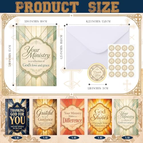 Eaasty 50 Set Pastor Appreciation Cards with Envelopes and Stickers, Christian Ministry Thank You with Blessing Messages, Religious Greeting Cards for Pastor, Minister, Church Staff, Volunteers - style: Pastor Appreciation Style