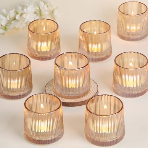 Gold Ribbed Tealight Votive Candle Holders Set of 10 | Tea Light Candle Holders Glass for Table Centerpiece, Votive Candle Holders for Home, Wedding & Fall Decor - color: Gold, size: 10Pcs