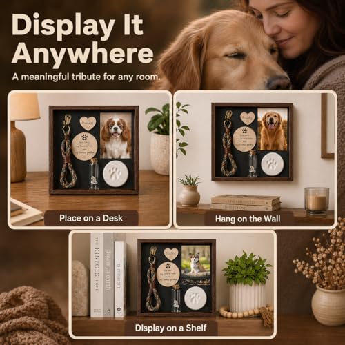 Pet Memorial Shadow Box, Rustic Solid Wood Keepsake Frame with Paw Print Kit, Fur Keepsake Jar & Collar Hook, Sympathy Gift for Dog & Cat Loss, Tabletop or Wall Display