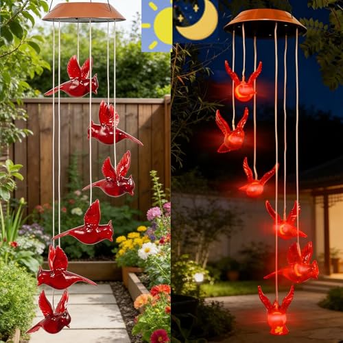 Cardinal Solar Wind Chimes, Cardinal Red Bird Solar Lights Outdoor | Mobile Hanging Wind Chimes for Outside Garden Yard Patio Porch Party Decor, Birthday Gardening Gifts for Mom Women Grandma