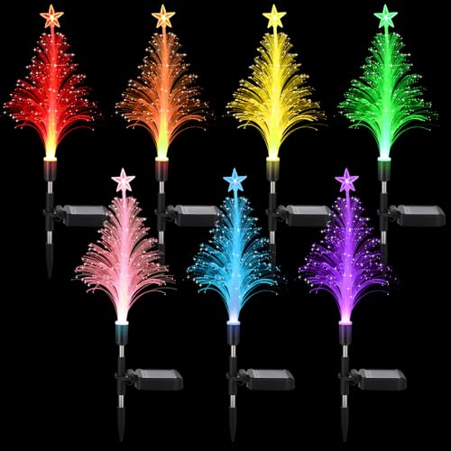 Baquler 6 Pack Solar Christmas Tree Garden Stake Lights Outdoor Waterproof Color Changing Christmas Lighted Yard Decorations Optical Fiber Xmas Pathway Lights for Lawn Patio Cemetery (7 Color Change) - color: 7 Color Change