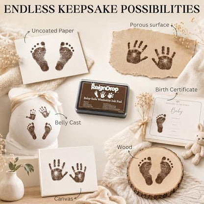 ReignDrop Baby Ink Pad for Hand and Footprints, Non-Toxic Acid-Free Keepsake Kit, Smudge-Proof Archival Ink Wipes Off Skin, for Scrapbook, Photo Album, Frames & Pet Paws, Baby Gift (Brown) - color: Brown